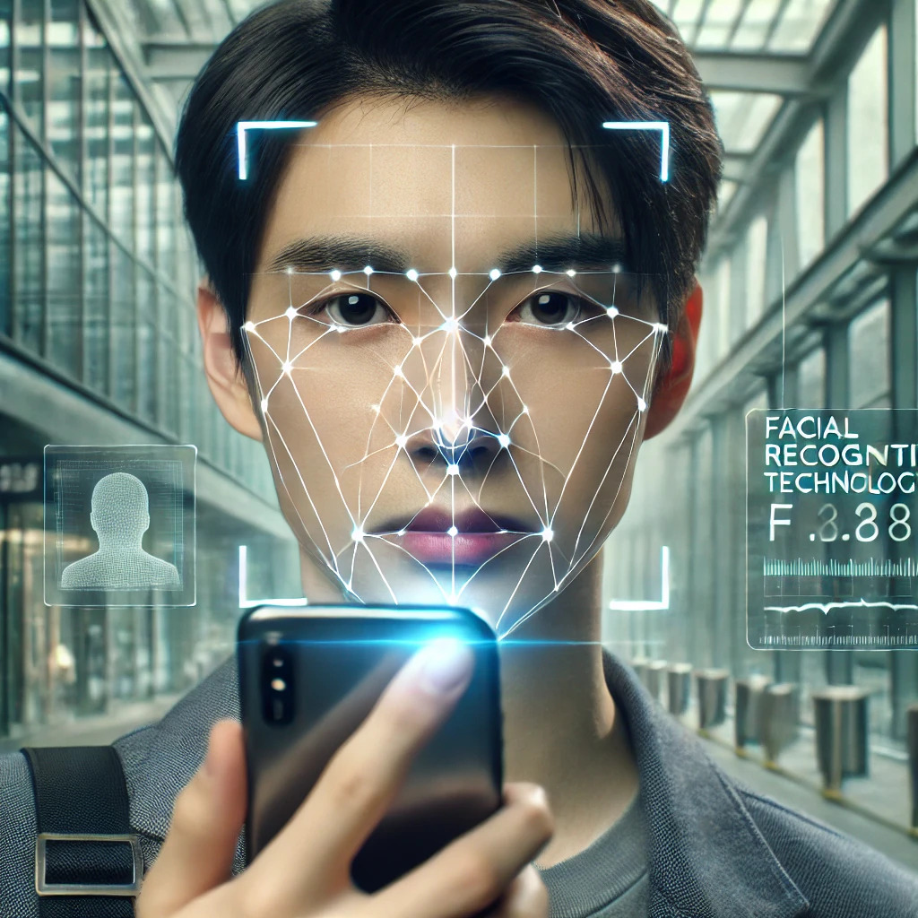 DALL·E 2025-03-17 09.39.18 - A realistic digital photo of a young Korean man using facial recognition technology on his smartphone. His face is being scanned with a futuristic dig.jpg