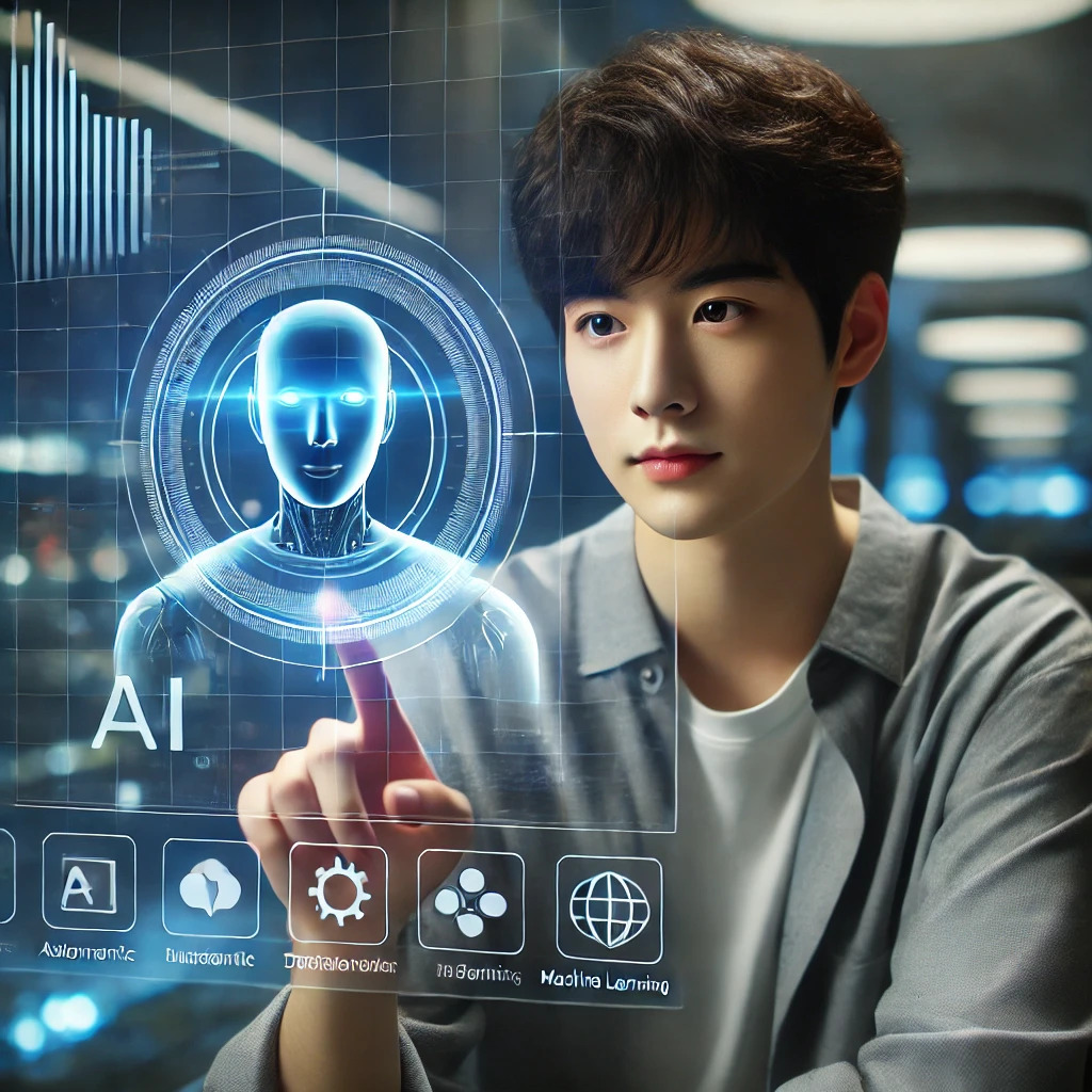 DALL·E 2025-03-17 12.28.56 - A realistic digital photo of a young Korean man interacting with an AI assistant displayed as a holographic interface in front of him. The AI interfac.jpg