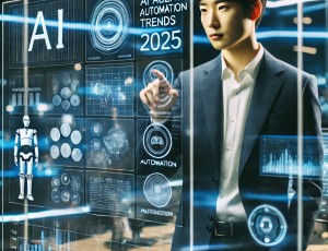 DALL·E 2025-03-15 12.13.12 - A Korean AI researcher in a futuristic high-tech office, analyzing AI automation trends for 2025 on a holographic display. The researcher, dressed in .jpg