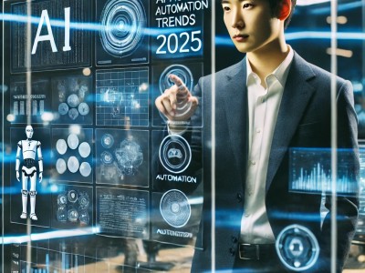 DALL·E 2025-03-15 12.13.12 - A Korean AI researcher in a futuristic high-tech office, analyzing AI automation trends for 2025 on a holographic display. The researcher, dressed in .jpg