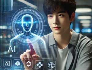 DALL·E 2025-03-17 12.28.56 - A realistic digital photo of a young Korean man interacting with an AI assistant displayed as a holographic interface in front of him. The AI interfac.jpg