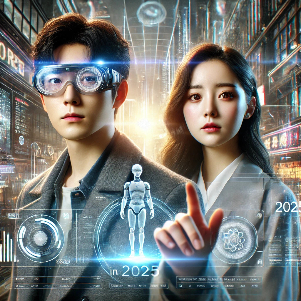 DALL·E 2025-04-23 17.11.19 - Hyper-realistic cinematic-style image of a Korean man and woman in a near-future digital world representing the convergence of AI and the metaverse in.jpg