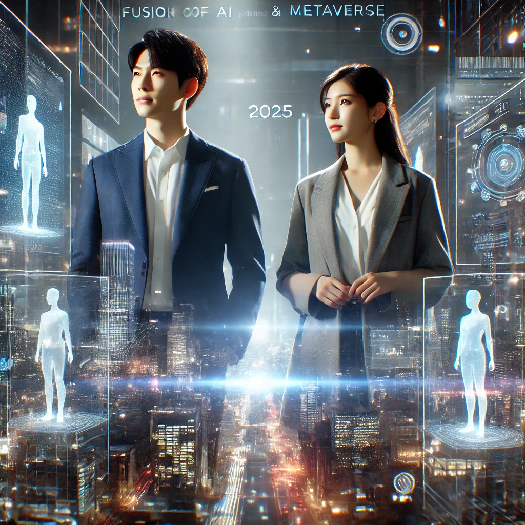 DALL·E 2025-04-23 17.09.48 - A highly realistic cinematic-quality scene of a Korean man and woman in their 30s standing inside a futuristic digital environment that symbolizes the.jpg