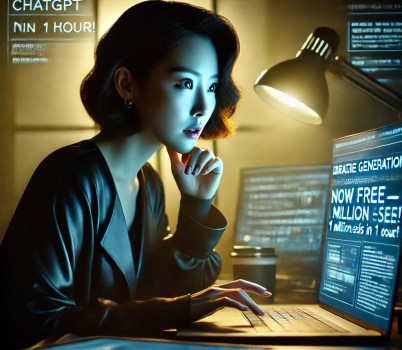 DALL·E 2025-04-06 17.22.55 - A cinematic, high-quality realistic photo of the same Korean woman in her 30s from previous images, now in a moody, tech-inspired workspace with ambie.jpg width: 100%; height : 150px