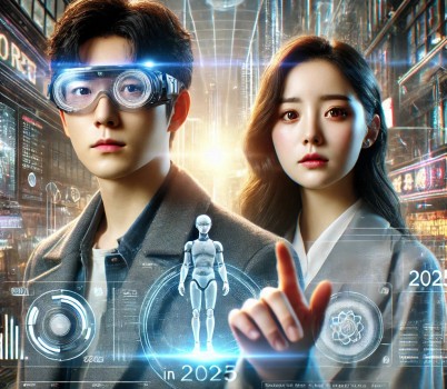 DALL·E 2025-04-23 17.11.19 - Hyper-realistic cinematic-style image of a Korean man and woman in a near-future digital world representing the convergence of AI and the metaverse in.jpg width: 100%; height : 150px